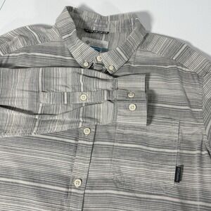 Columbia Gray Beige Stripe Button Down Cotton LS Shirt Mens L Minimalist